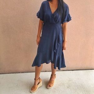 Gingham Ruffle Navy Linen Summer Wrap Dress